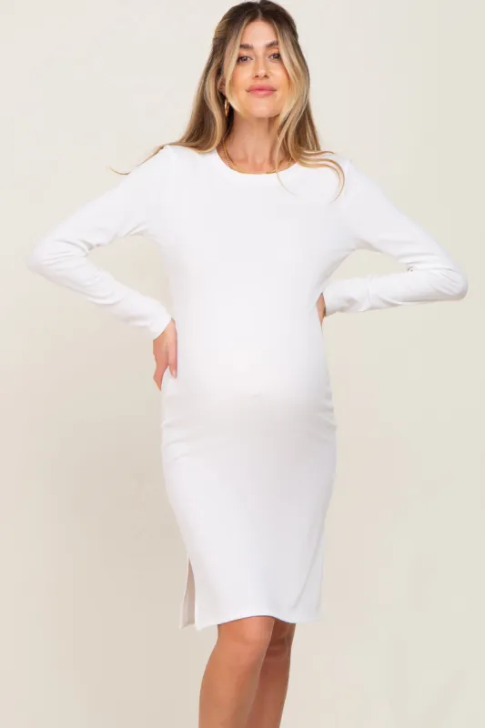 White Ribbed Basic Long Sleeve Maternity Midi Dress sold by Pinkblush