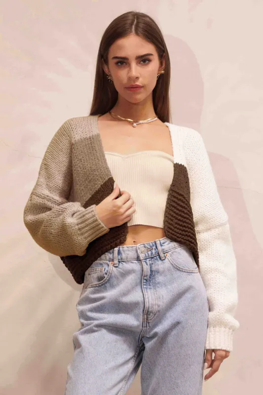 Cream Brown Color Blocked Cropped Sweater Cardigan sold by Pinkblush