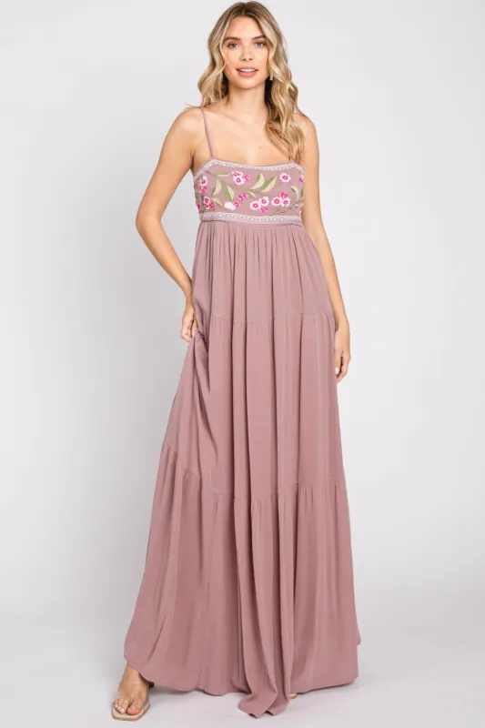 Mauve Floral Embroidery Maxi Dress sold by Pinkblush