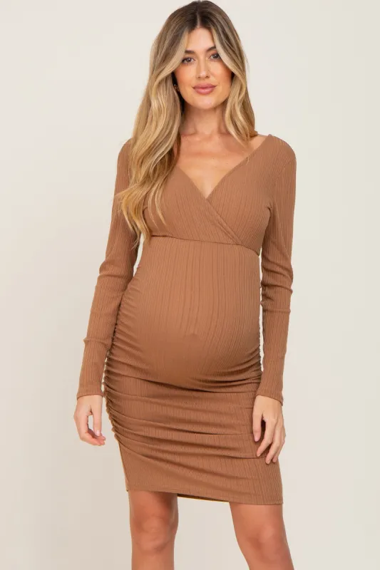 Mocha Ribbed Knit Ruched Wrap Fitted Maternity Dress sold by Pinkblush