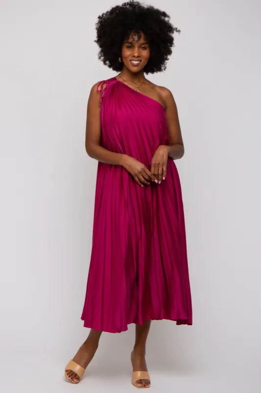 Magenta Satin Pleated One Shoulder Midi Dress sold by Pinkblush