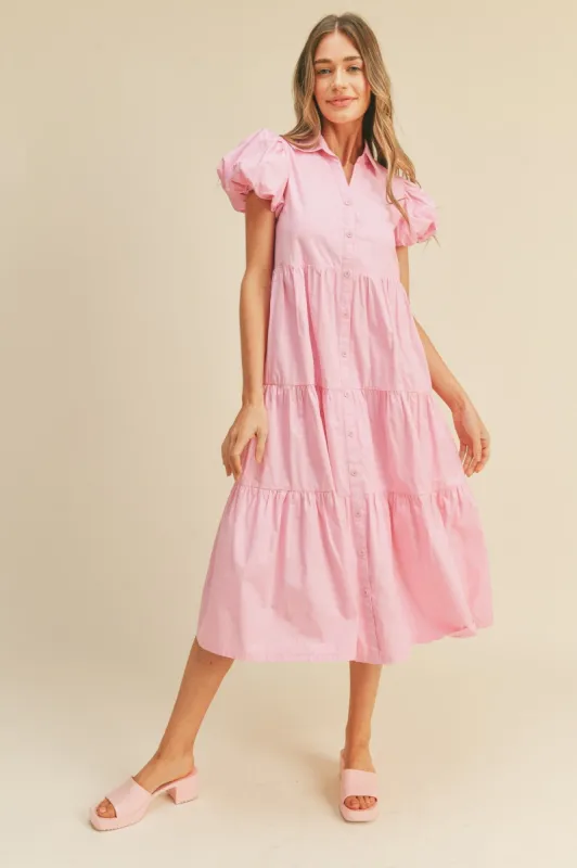 Pink Puff Sleeve Button Down Midi Dress sold by Pinkblush