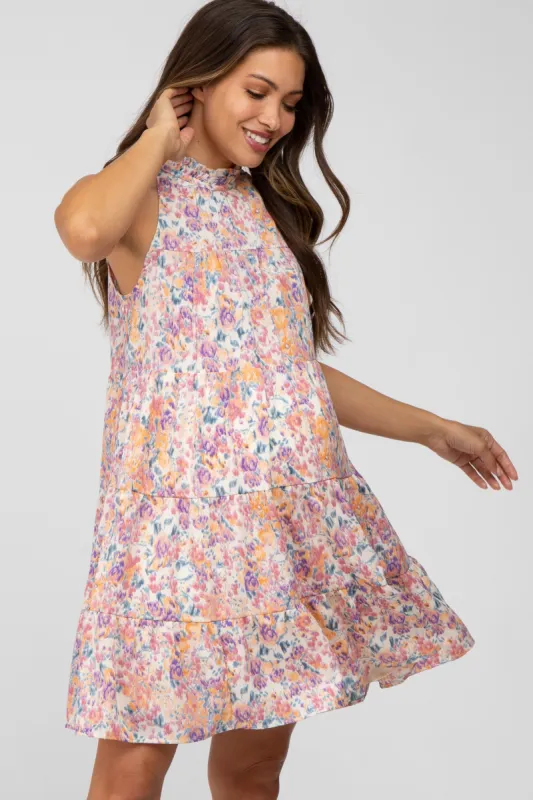 Pink Abstract Print Ruffle Neck Maternity Dress made by Pinkblush