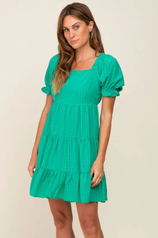 Green Plaid Square Ruffle Neck Tiered Dress sold by Pinkblush