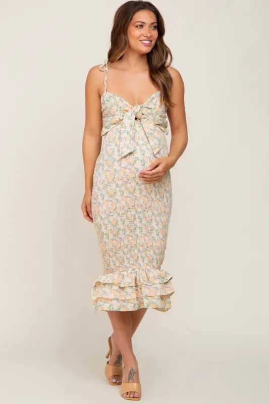 Cream Pink Rose Floral Knot Front Smocked Maternity Midi Dress made by Pinkblush