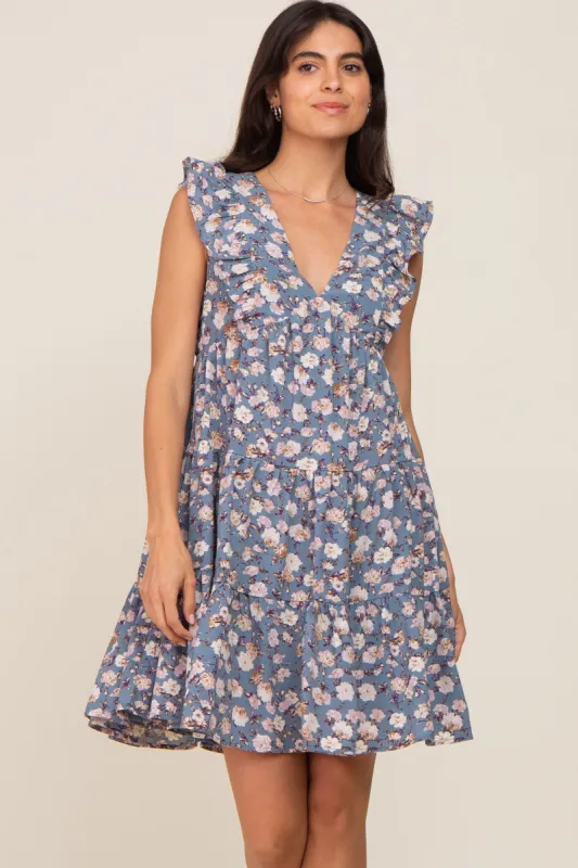 Blue Floral Ruffle Accent Tiered Dress sold by Pinkblush