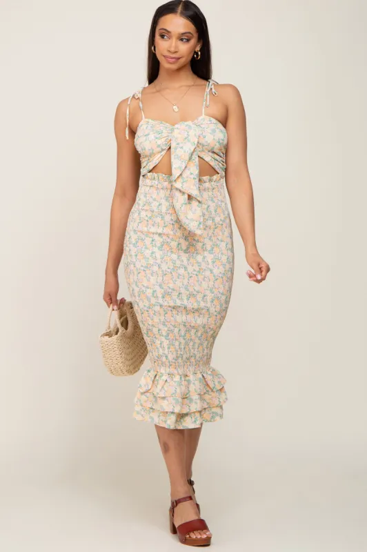 Cream Pink Rose Floral Knot Front Smocked Midi Dress sold by Pinkblush