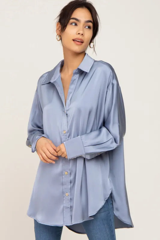 Blue Satin Button Up Blouse sold by Pinkblush