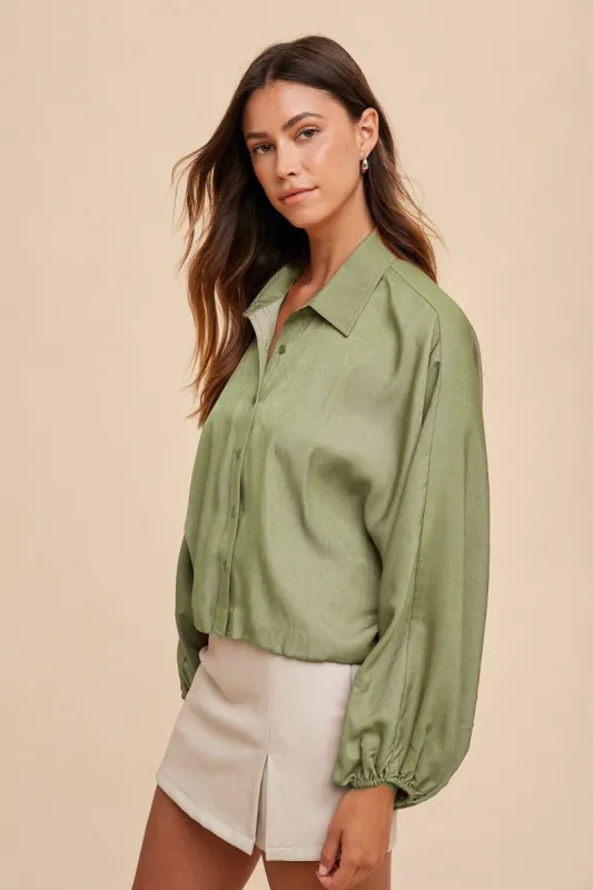 Light Olive Loose Fit Button Down Volume Blouse Woven Top sold by Pinkblush