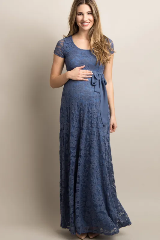 Blue Lace Sash Tie Maternity Gown made by Pinkblush