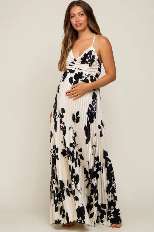 Ivory Floral Satin Pleated Cutout Maternity Gown sold by Pinkblush
