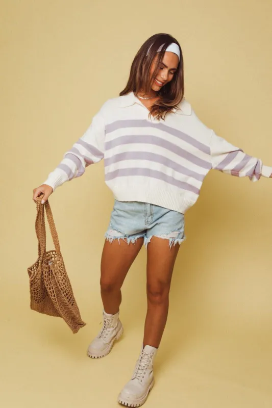 White Lavender Stripe Collared Sweater Top sold by Pinkblush