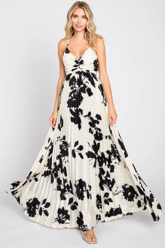 Ivory Floral Satin Pleated Cutout Gown made by Pinkblush