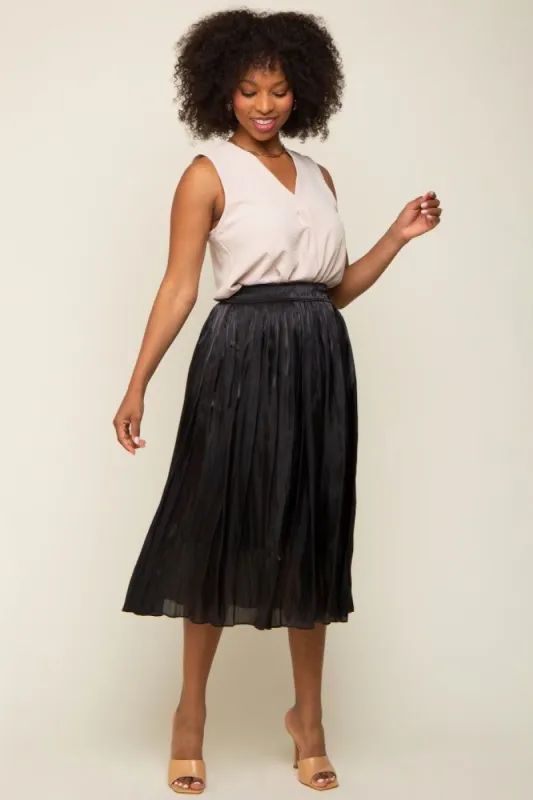 Black Pleated Shimmer Satin Midi Skirt sold by Pinkblush