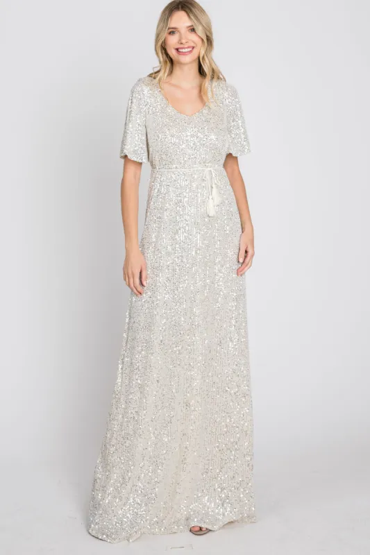 Cream Sequin Short Sleeve Maxi Dress sold by Pinkblush
