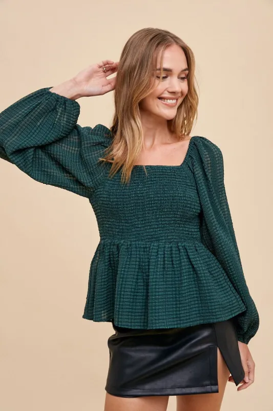 Hunter Green Texture Woven Shirring Detail Babydoll Blouse sold by Pinkblush