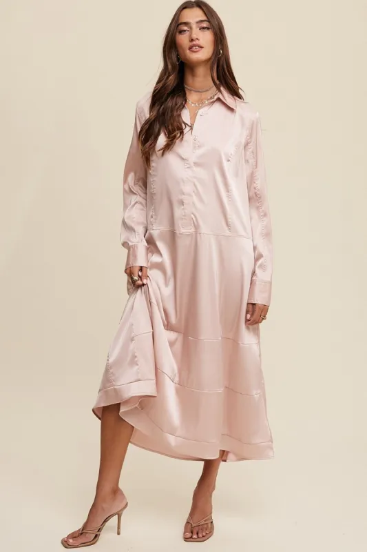 Blush Half Button Up Collar Satin Maxi Dress sold by Pinkblush