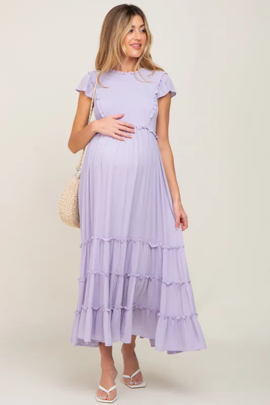 Lavender Smocked Ruffle Accent Tiered Maternity Maxi Dress sold by Pinkblush