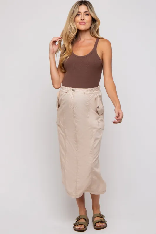 Beige Cargo Cinched Maternity Midi Skirt sold by Pinkblush