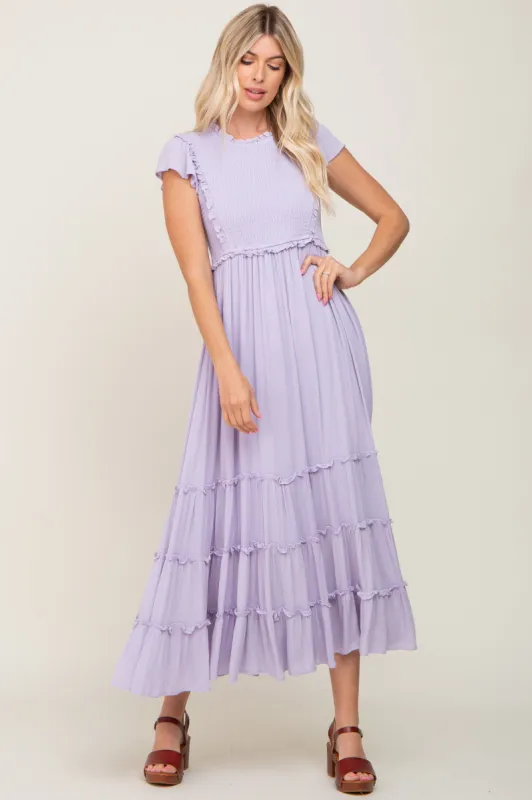 Lavender Smocked Ruffle Accent Tiered Maxi Dress sold by Pinkblush