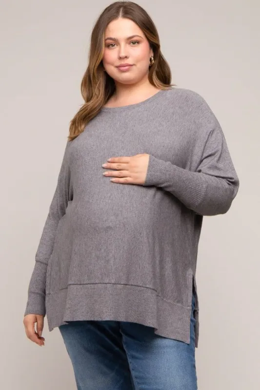 Charcoal Dolman Sleeve Side Slit Maternity Plus Sweater sold by Pinkblush