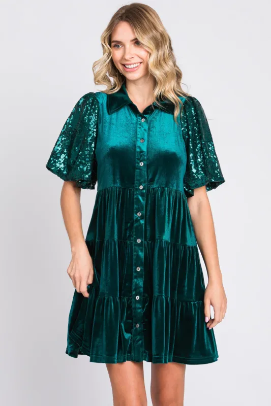 Forest Green Velvet Tiered Sequin Short Sleeve Dress sold by Pinkblush