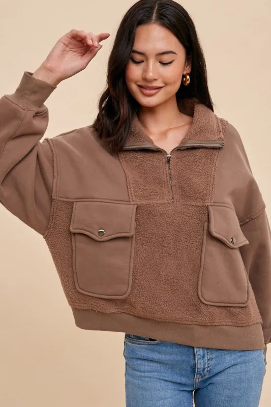 Mushroom Contrast Reversed Fleece 1/4 Zip Pullover sold by Pinkblush