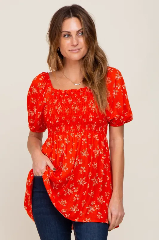 Orange Floral Smocked Square Neck Top sold by Pinkblush