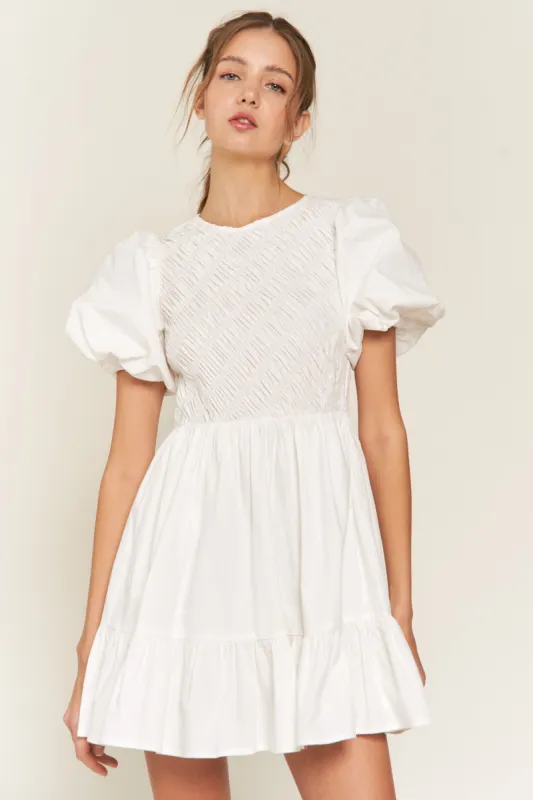 White Elasticated Smocked Dress sold by Pinkblush