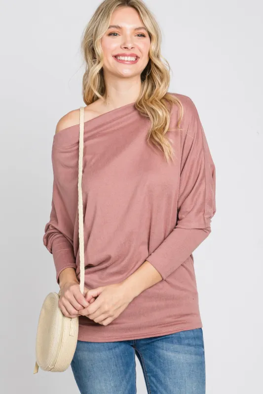 Mauve Soft Knit Off Shoulder Top sold by Pinkblush