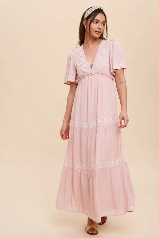 Light Pink Floral Embroidered Tiered Maxi Dress sold by Pinkblush