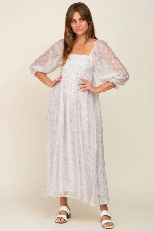Silver Floral Square Neck Puff Sleeve Organza Maxi Dress sold by Pinkblush