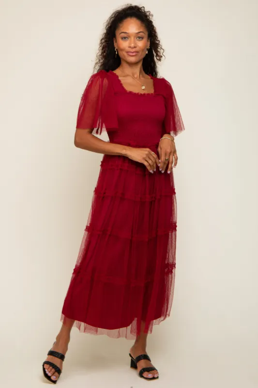 Burgundy Ruffled Mesh Maxi Dress sold by Pinkblush