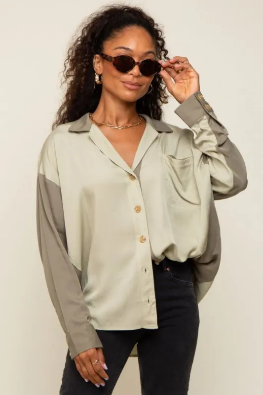 Light Olive Colorblock Oversized Blouse sold by Pinkblush
