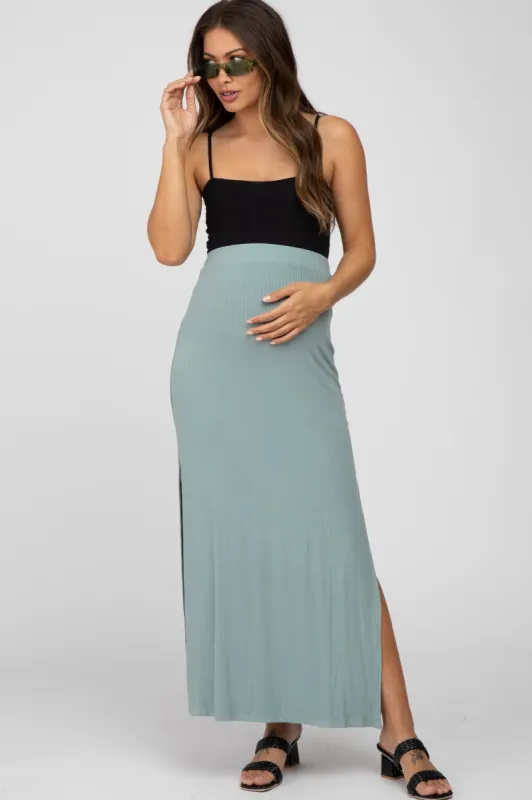 Mint Ribbed Side Slit Maternity Maxi Skirt sold by Pinkblush