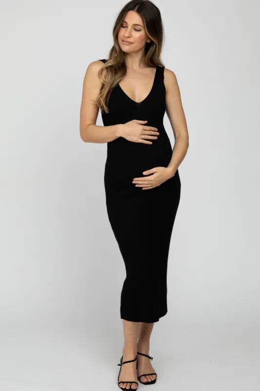 Black Ribbed Sleeveless Knit Maternity Midi Dress sold by Pinkblush