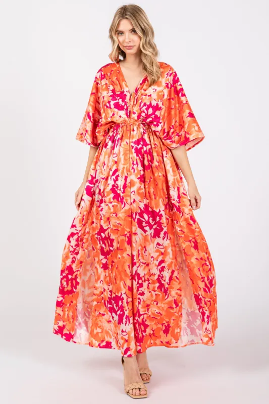 Orange Floral Satin V-Neck Maxi Dress sold by Pinkblush