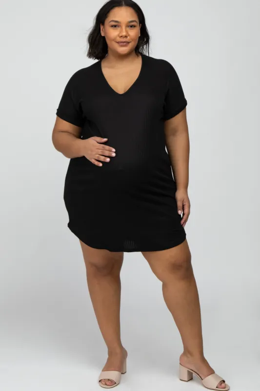 Black Ribbed Short Sleeve Maternity Plus Dress sold by Pinkblush