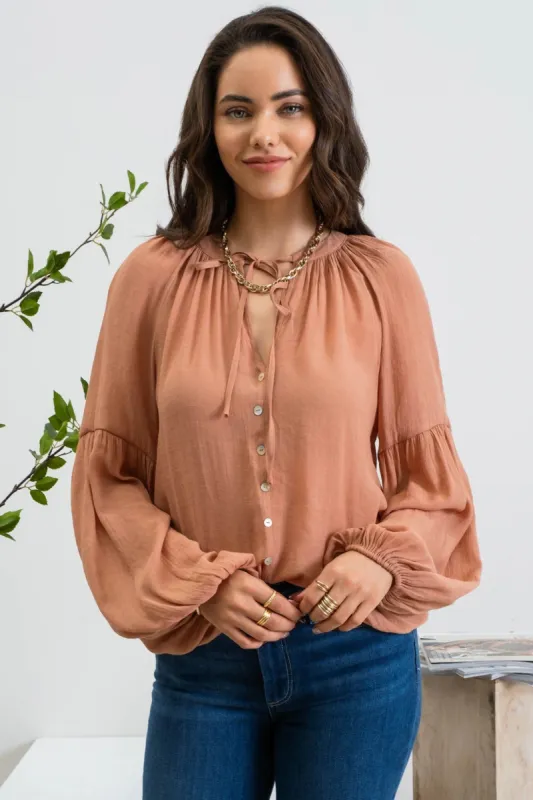 Rust Long Sleeve Peasant Woven Top sold by Pinkblush