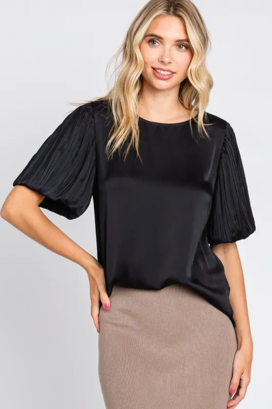 Black Satin Pleated Puff Short Sleeve Blouse sold by Pinkblush