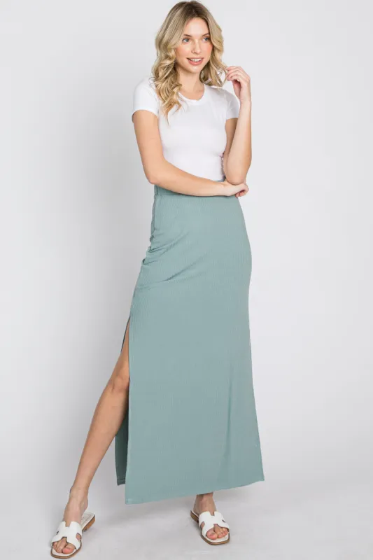 Mint Ribbed Side Slit Maxi Skirt sold by Pinkblush