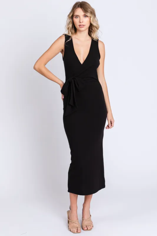 Black Rib Knit Side Tie Midi Dress sold by Pinkblush