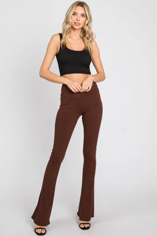 Brown Rib Knit Flare Leggings sold by Pinkblush