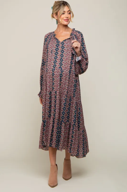 Teal Floral Front Tie Tiered Maternity Midi Dress sold by Pinkblush