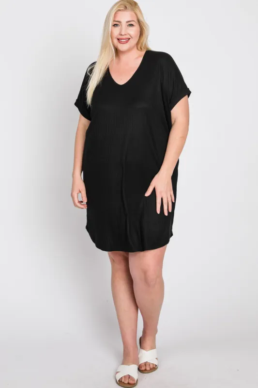 Black Ribbed Short Sleeve Maternity Plus Dress sold by Pinkblush