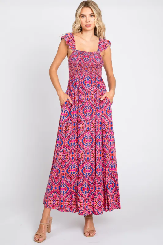 Magenta Printed Smocked Maxi Dress sold by Pinkblush