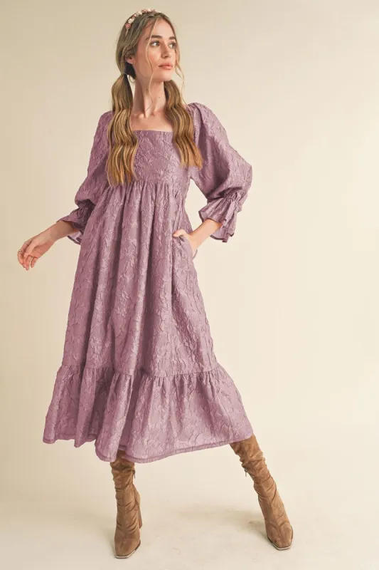 Mauve Metallic Jacquard Floral Midi Dress sold by Pinkblush