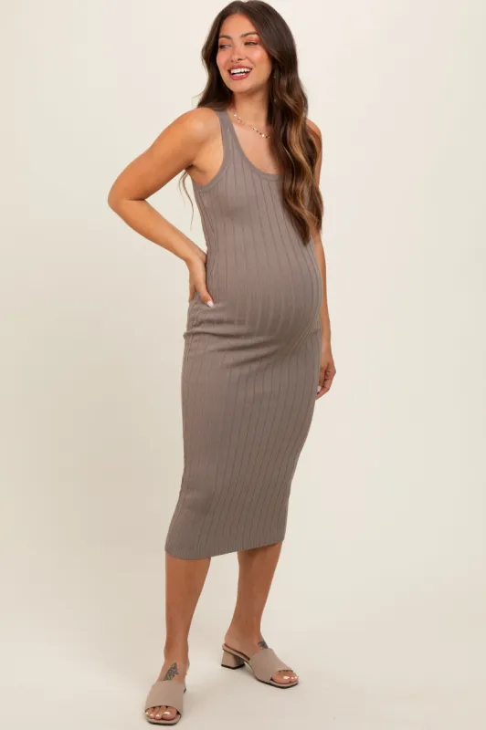 Taupe Rib Knit Sleeveless Maternity Midi Dress sold by Pinkblush