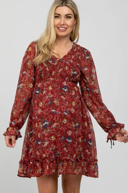 Burgundy Floral Chiffon Ruffle Accent Maternity Dress sold by Pinkblush