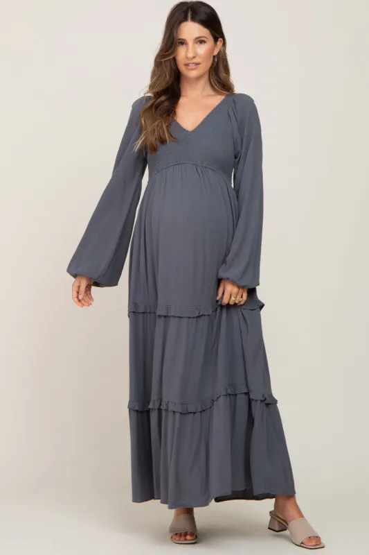 Charcoal Smocked Tiered Maternity Midi Dress sold by Pinkblush